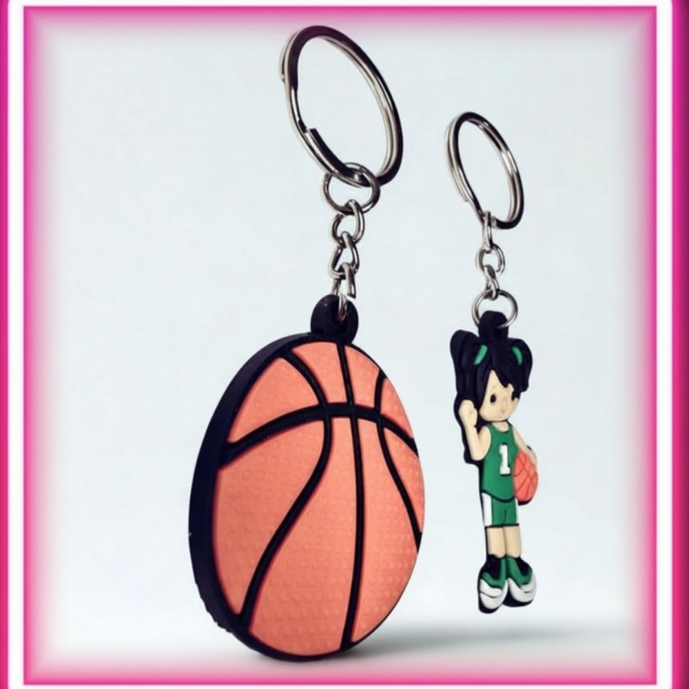 Basketball & Player Silicone Keychain Set - Orange and Green